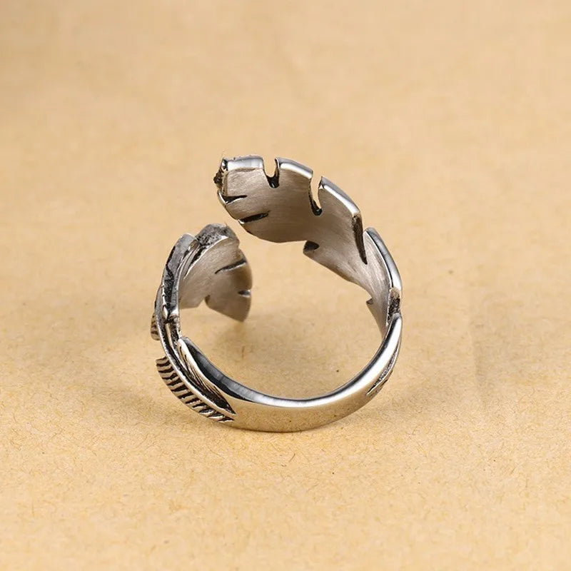 Adjustable silver feather ring