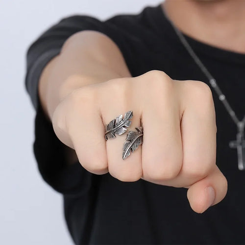 Adjustable silver feather ring