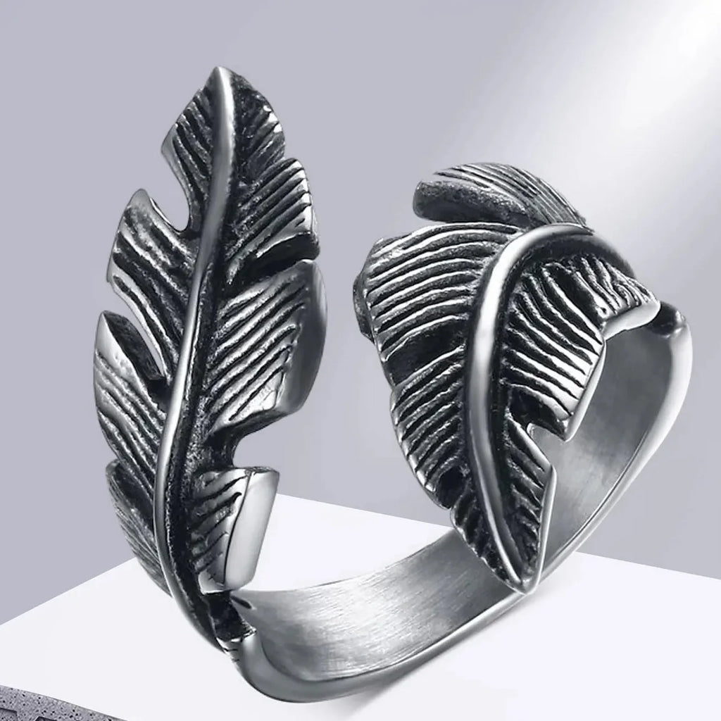 Adjustable silver feather ring