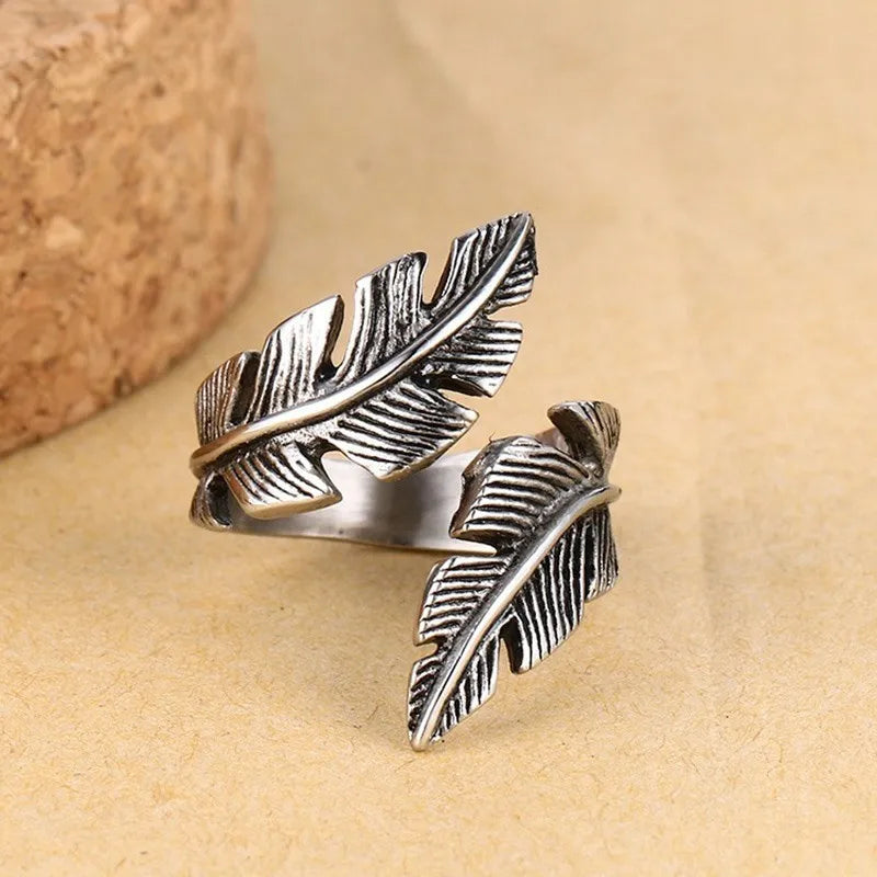 Adjustable silver feather ring