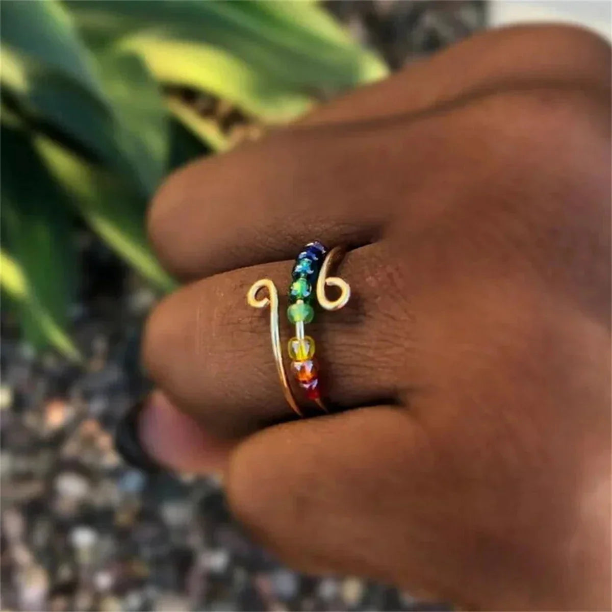 Bohemian-style anti-stress band ring with spinning beads gold
