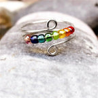 Bohemian-style anti-stress band ring with spinning beads silver