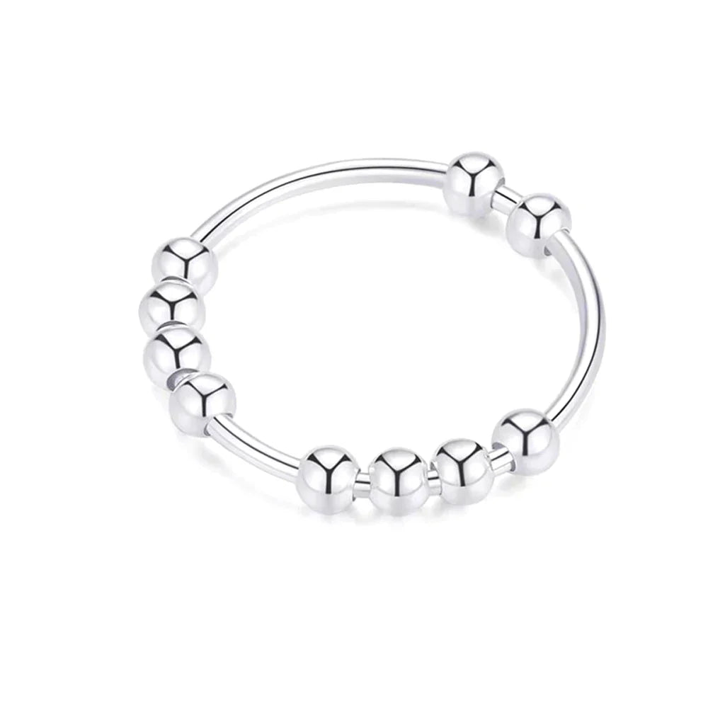 Stress-Relief Band Ring with Rotating Beads for Men or Women silver