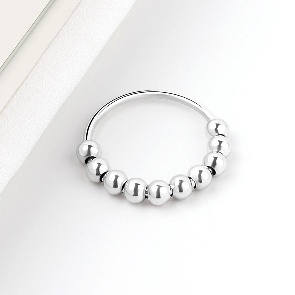 Stress-Relief Band Ring with Rotating Beads for Men or Women silver