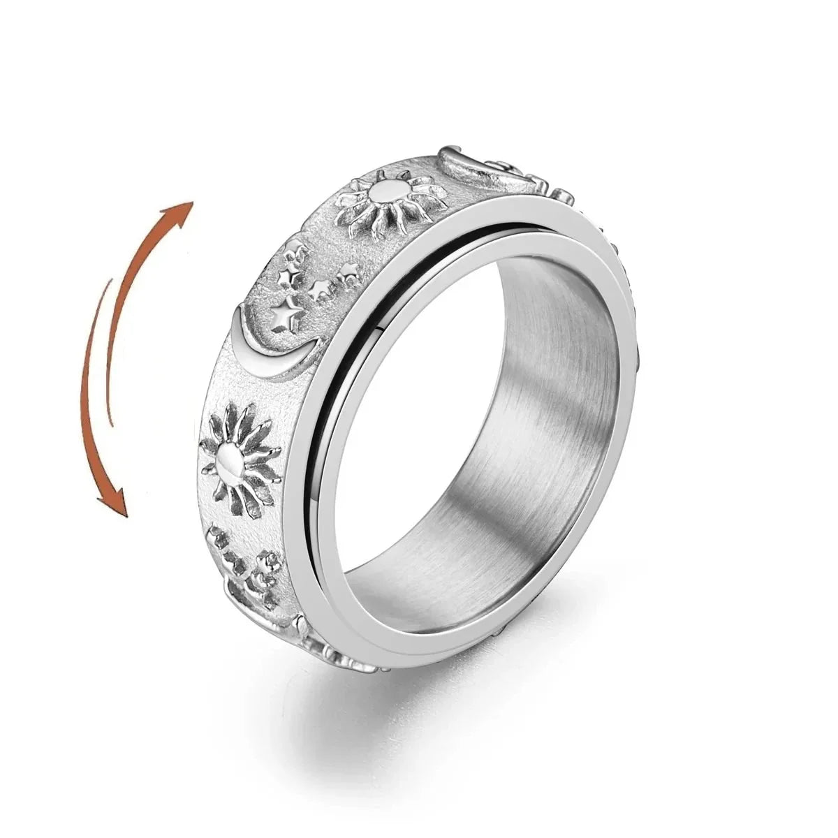 Moon and Sun Rotating Anti-Stress Ring in Silver