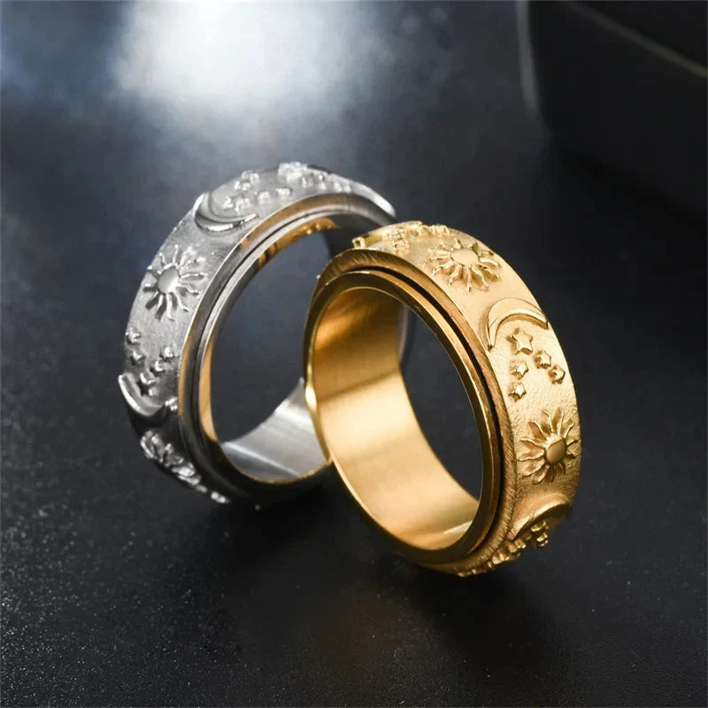 Moon and Sun Rotating Anti-Stress Ring in Silver