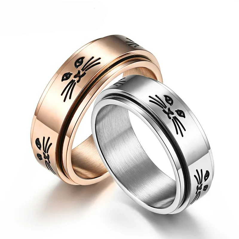 Ring with Rotating Cats Anti-Stress Rose Gold