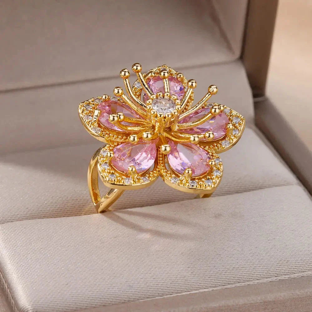 5-Petal Flower Band Ring in Pink Zircon