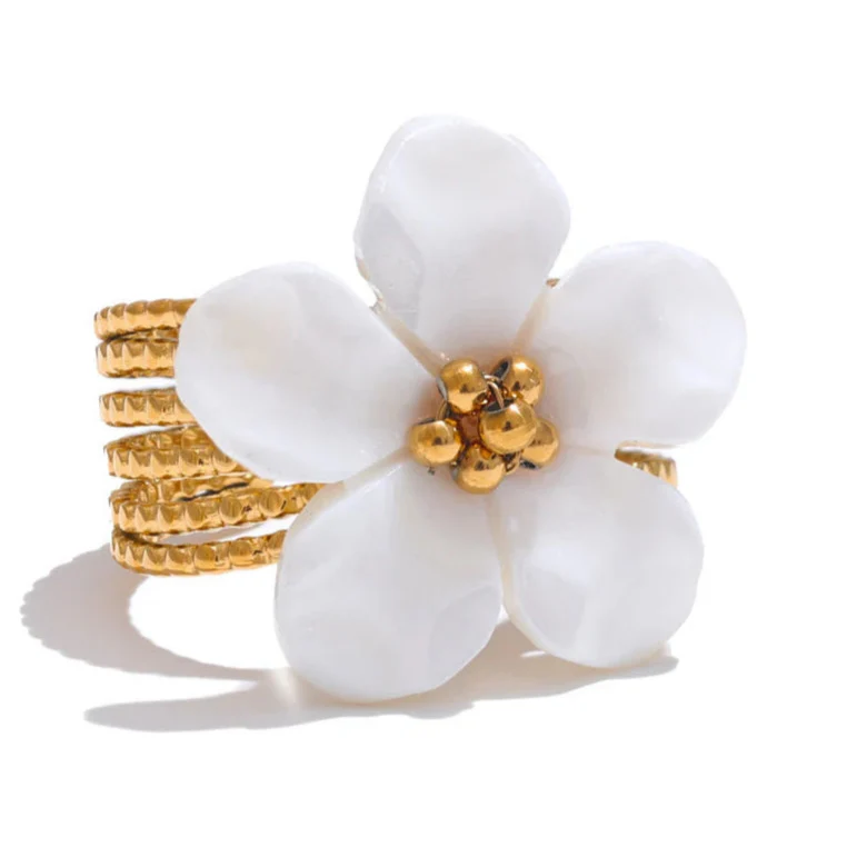 White Flower Band Ring