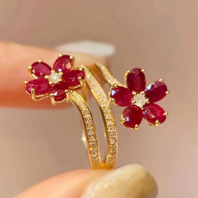 Red Flower and Zircon Band Ring