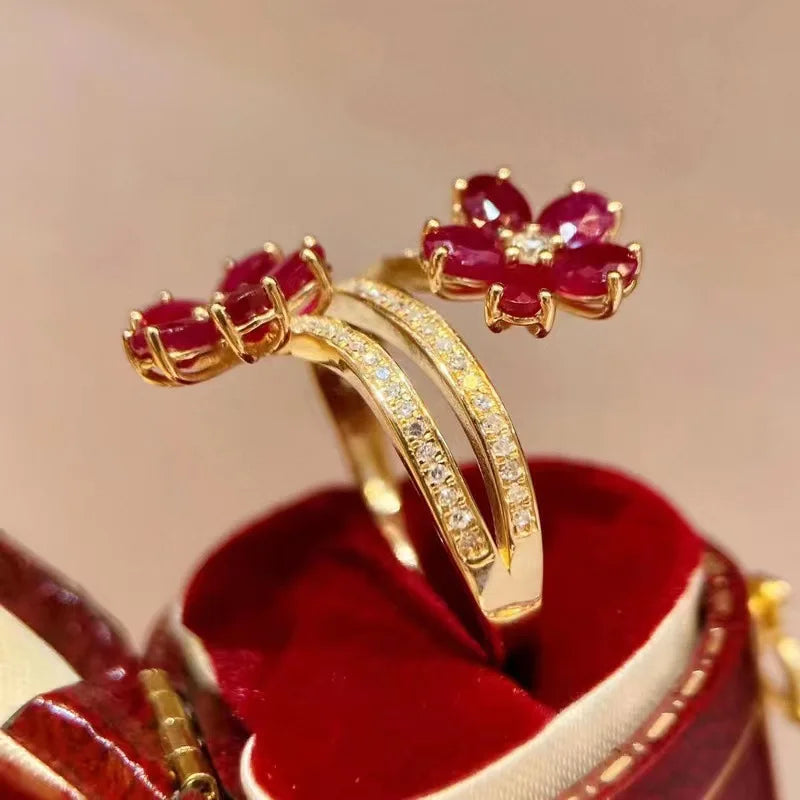 Red Flower and Zircon Band Ring