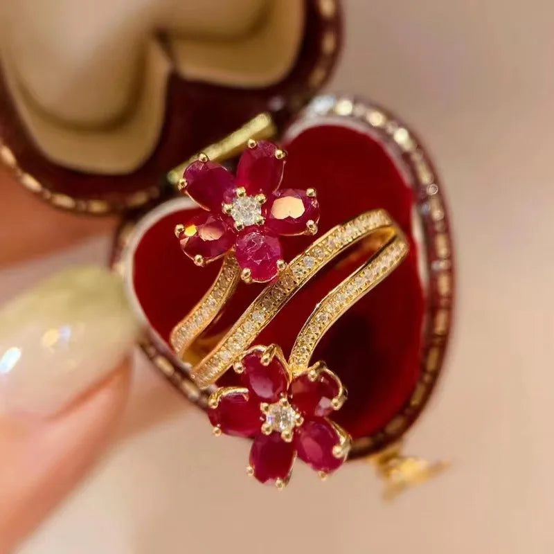 Red Flower and Zircon Band Ring