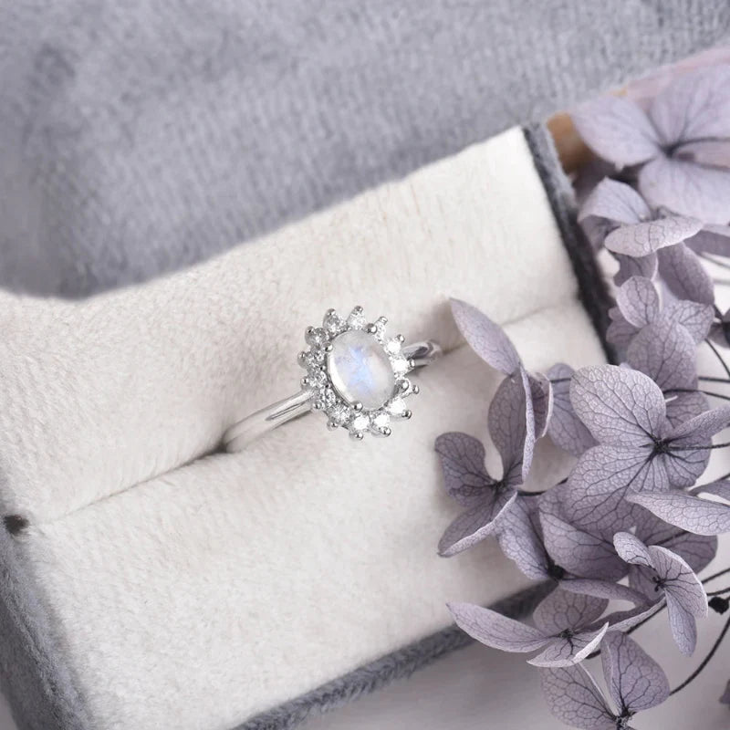 Oval Band Moonstone and Zircon Ring