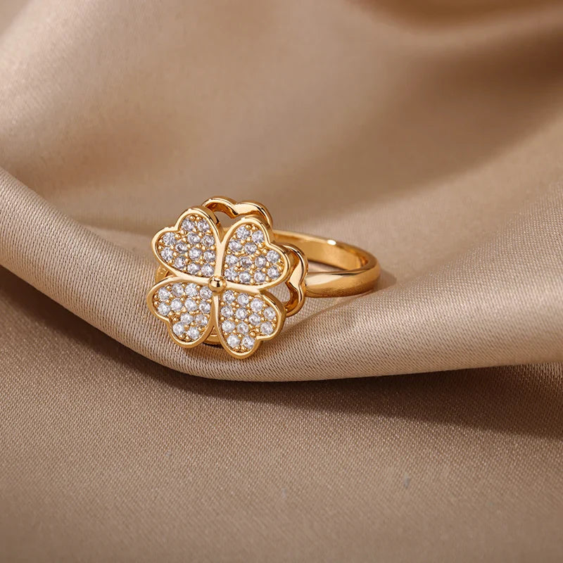 Anti-Stress Ring Rotating Four-Leaf Clover Gold