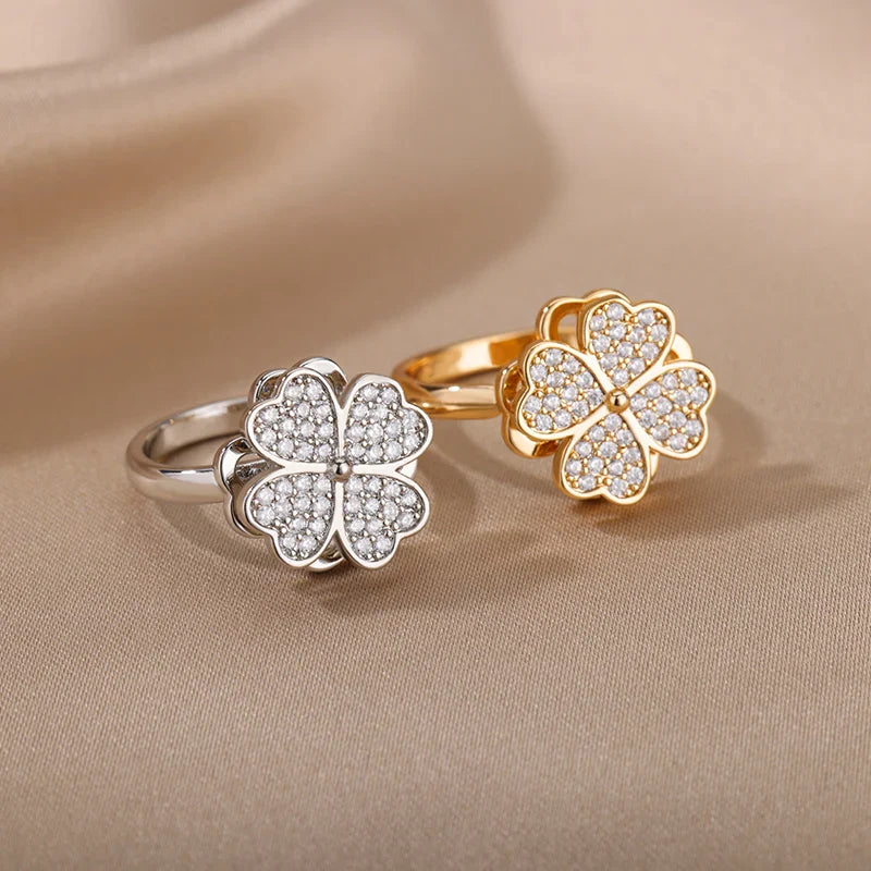 Anti-Stress Ring Rotating Four-Leaf Clover Silver