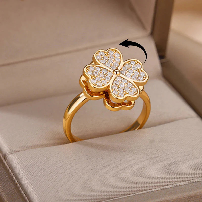Anti-Stress Ring Rotating Four-Leaf Clover Gold