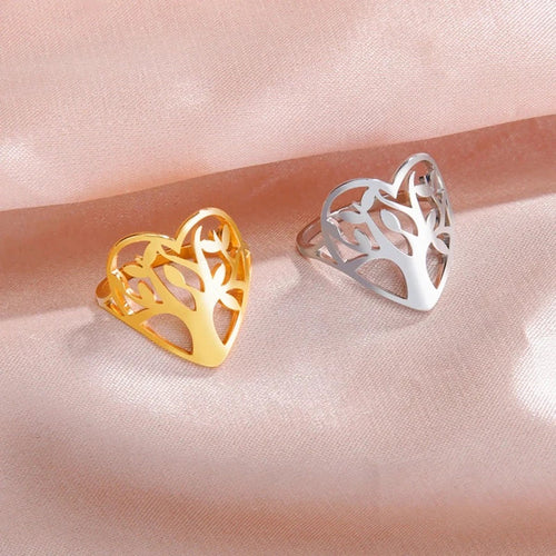 Women's Tree of Life Ring Heart Band Silver Gold