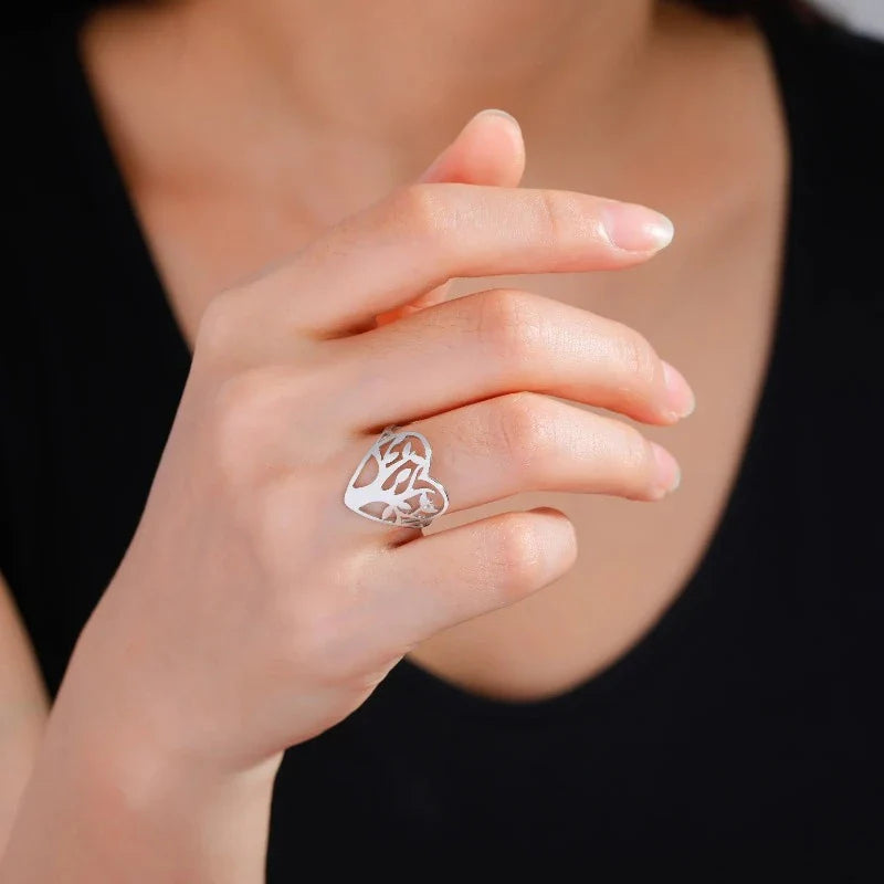 Women's Tree of Life Ring Heart Signet Ring Silver