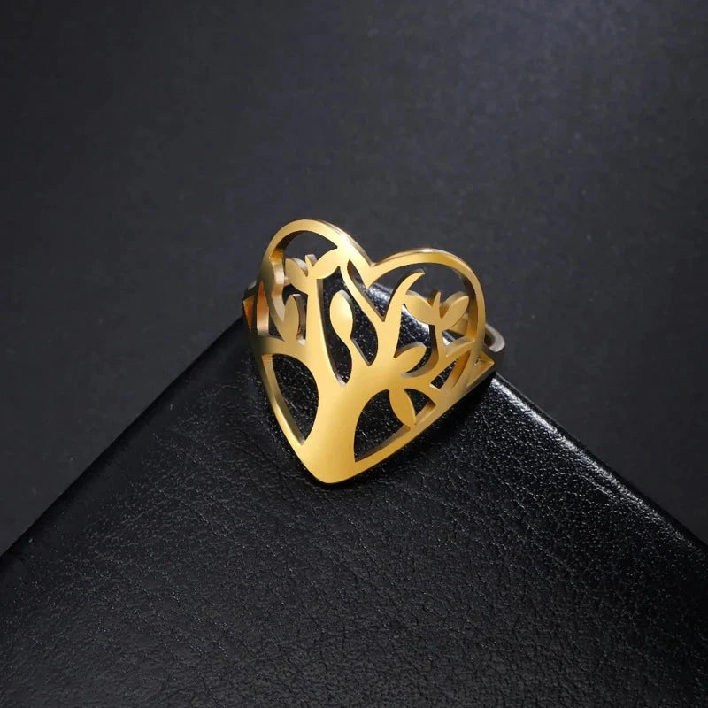 Women's Tree of Life Ring Heart Band Gold