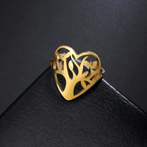 Women's Tree of Life Ring Heart Band Gold