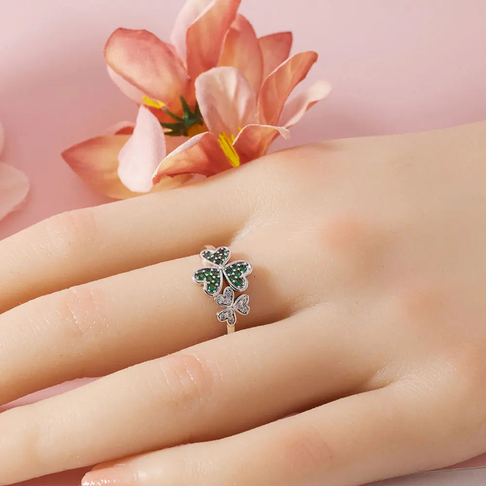 Ring with Green Zircon Hearts Three-Leaf Clover
