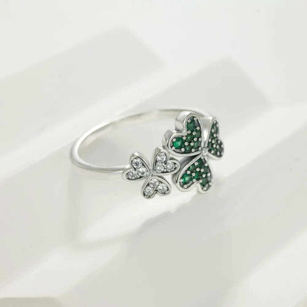 Ring with Green Zircon Hearts Three-Leaf Clover