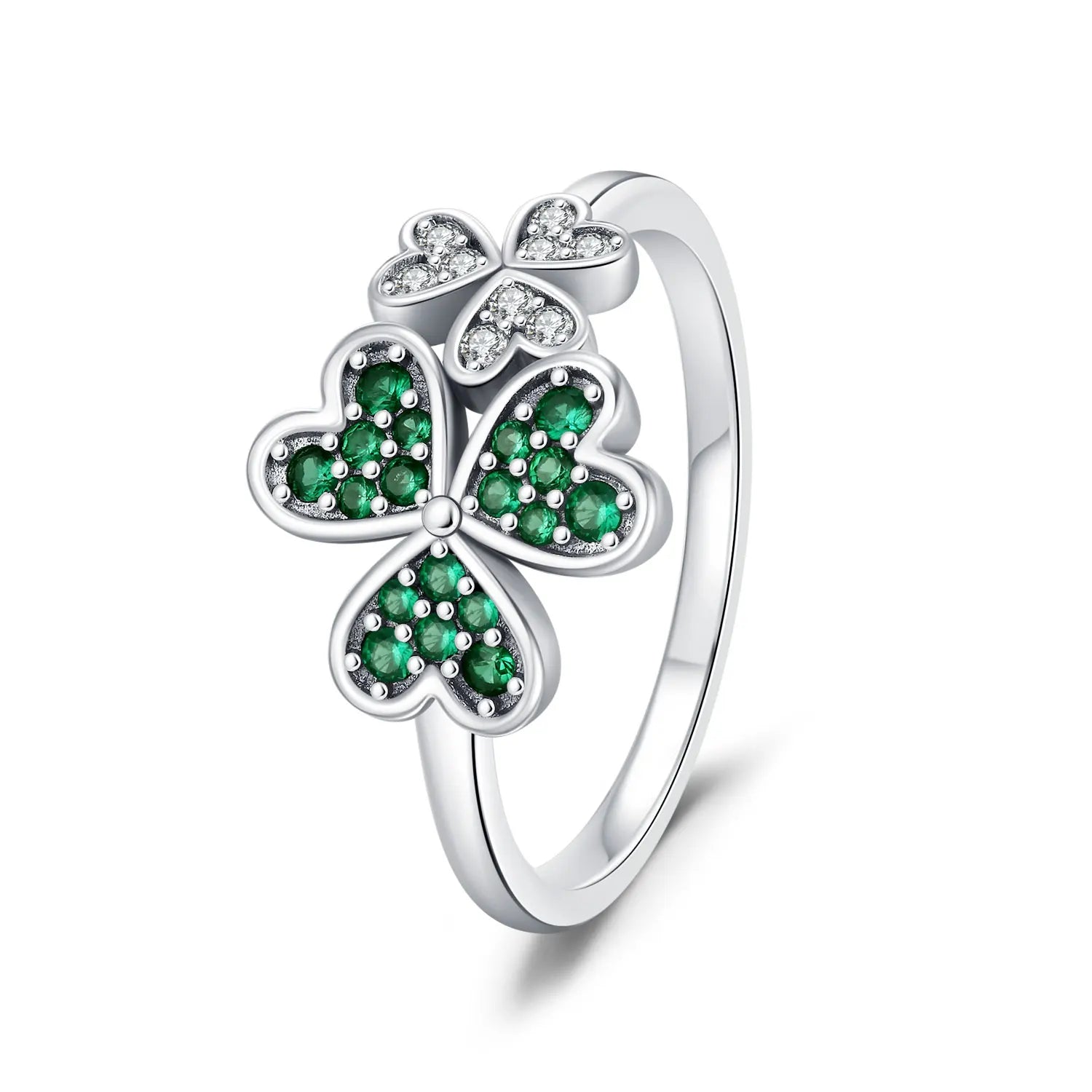Ring with Green Zircon Hearts Three-Leaf Clover