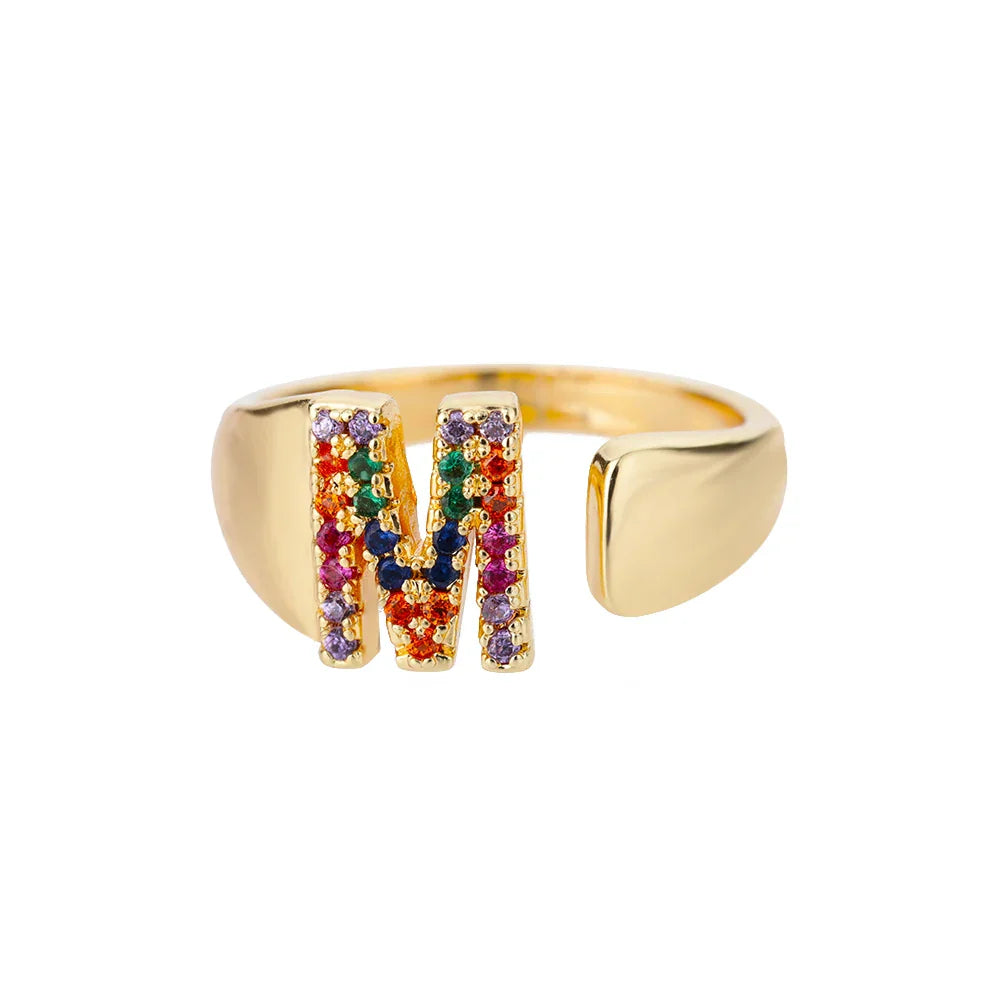 Wide Personalized Rainbow Initial Ring m