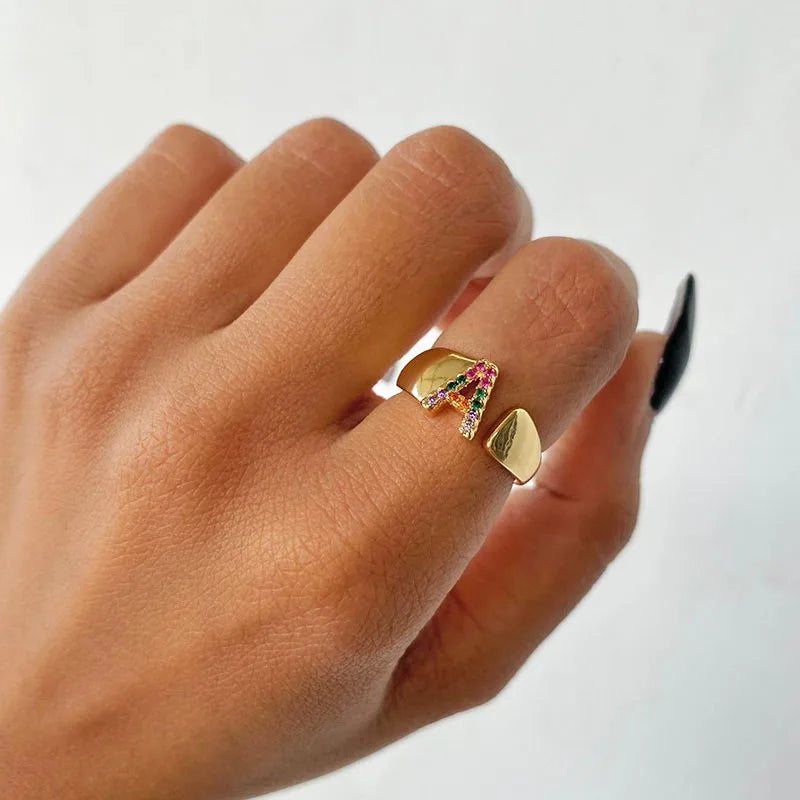 Wide Personalized Rainbow Initial Ring