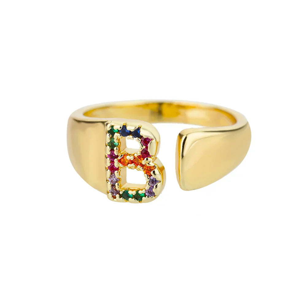 Wide Personalized Rainbow Initial Ring b