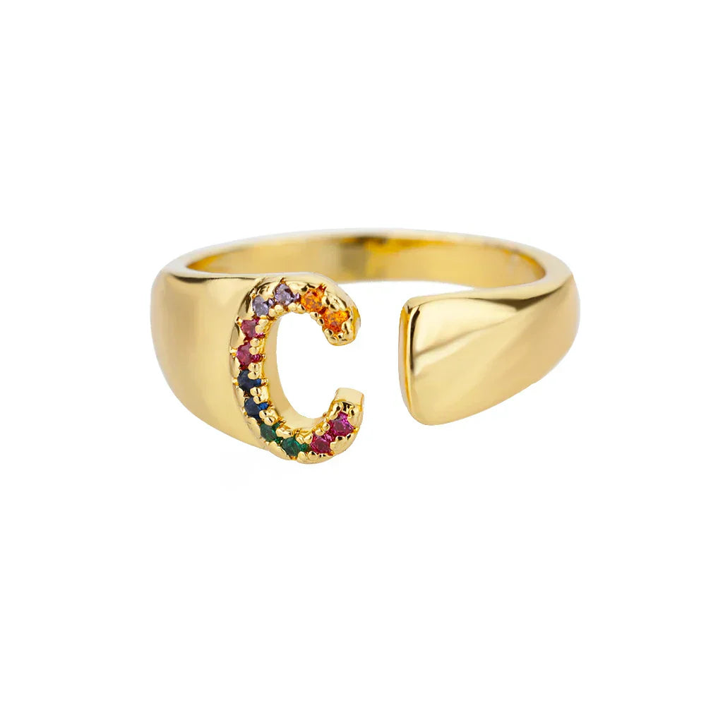 Wide Personalized Rainbow Initial Ring c