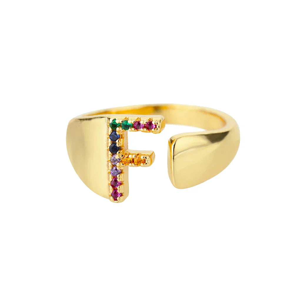 Wide Personalized Rainbow Initial Ring f
