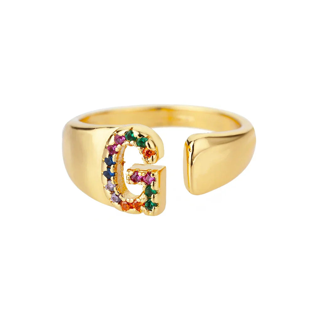 Wide Personalized Rainbow Initial Ring g