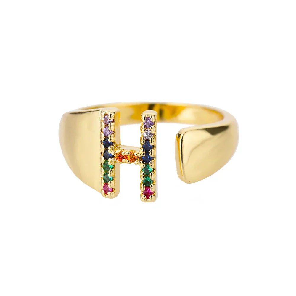Wide Personalized Rainbow Initial Ring h