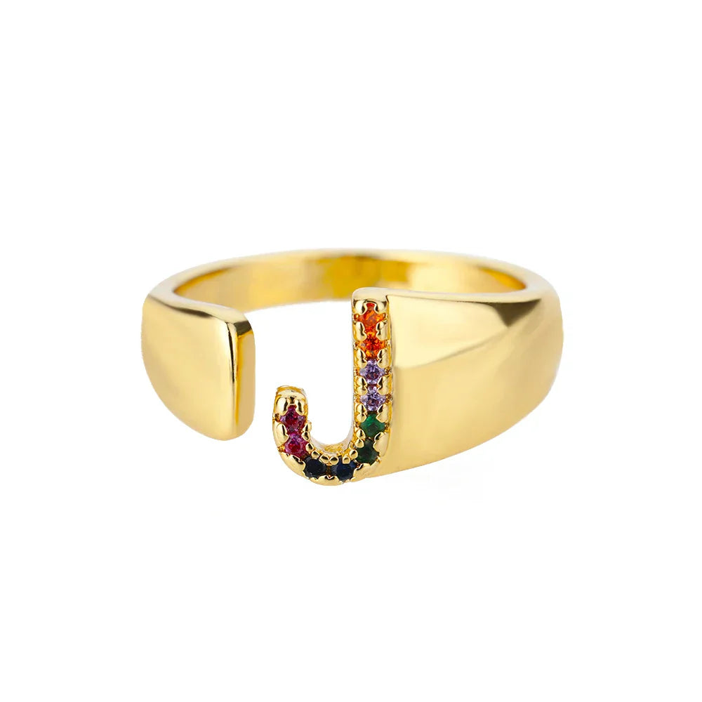 Wide Personalized Rainbow Initial Ring j