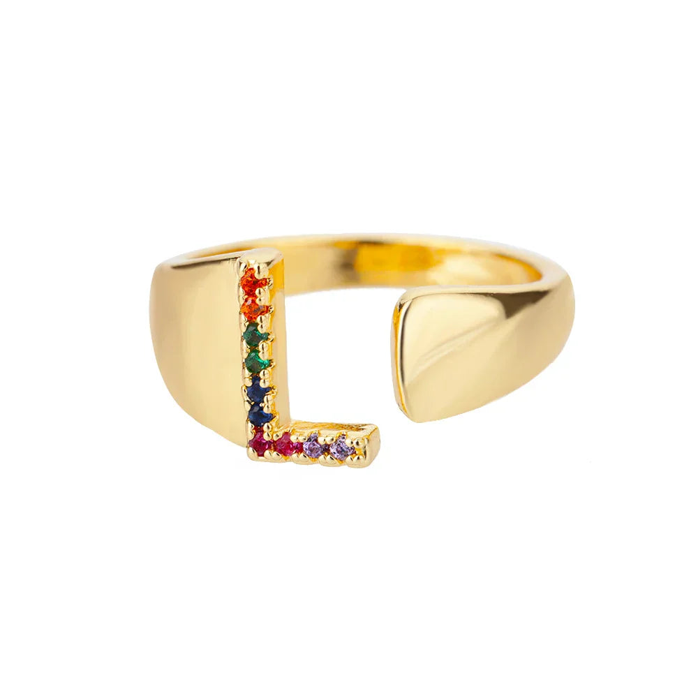 Wide Personalized Rainbow Initial Ring l