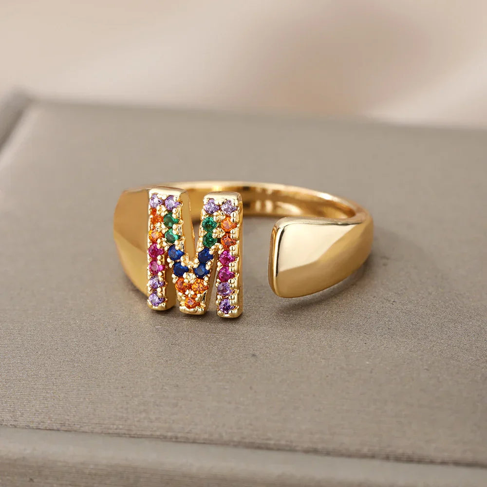 Wide Personalized Rainbow Initial Ring m
