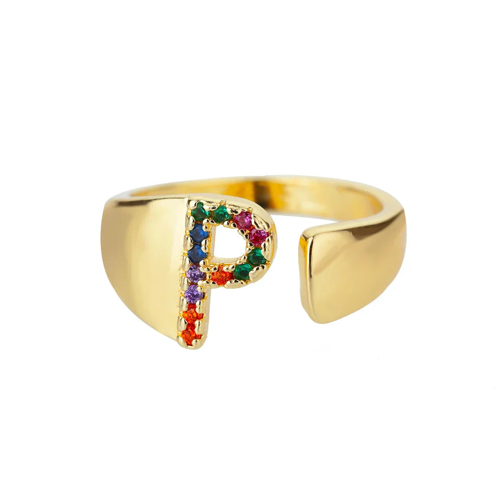 Wide Personalized Rainbow Initial Ring p