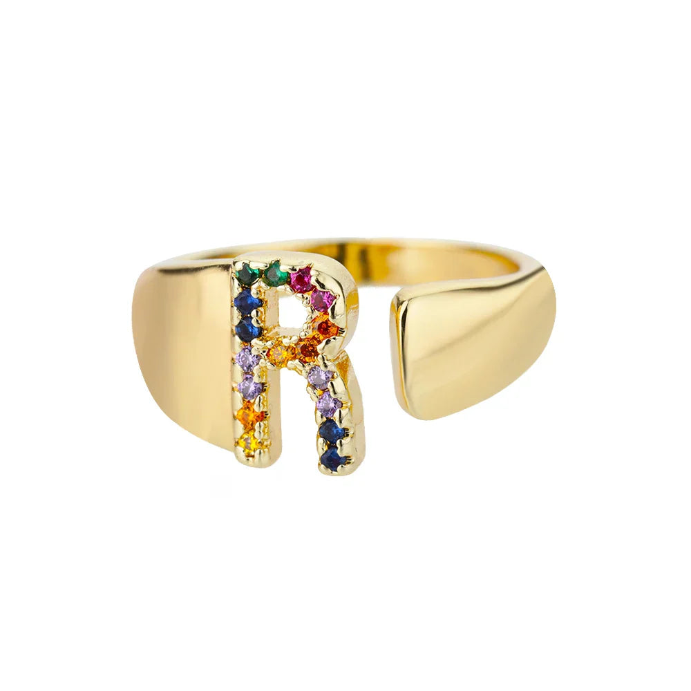 Wide Personalized Rainbow Initial Ring r