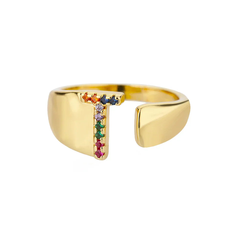 Wide Personalized Rainbow Initial Ring t