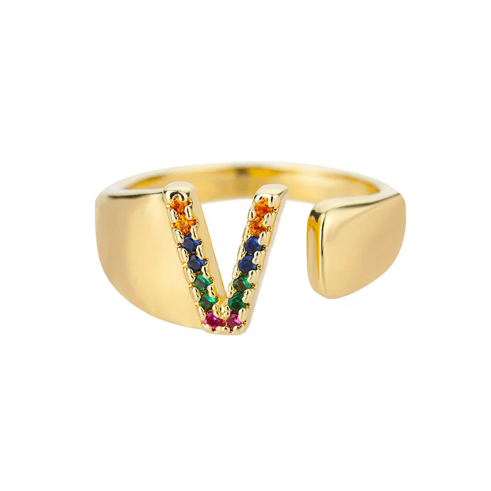 Wide Personalized Rainbow Initial Ring v