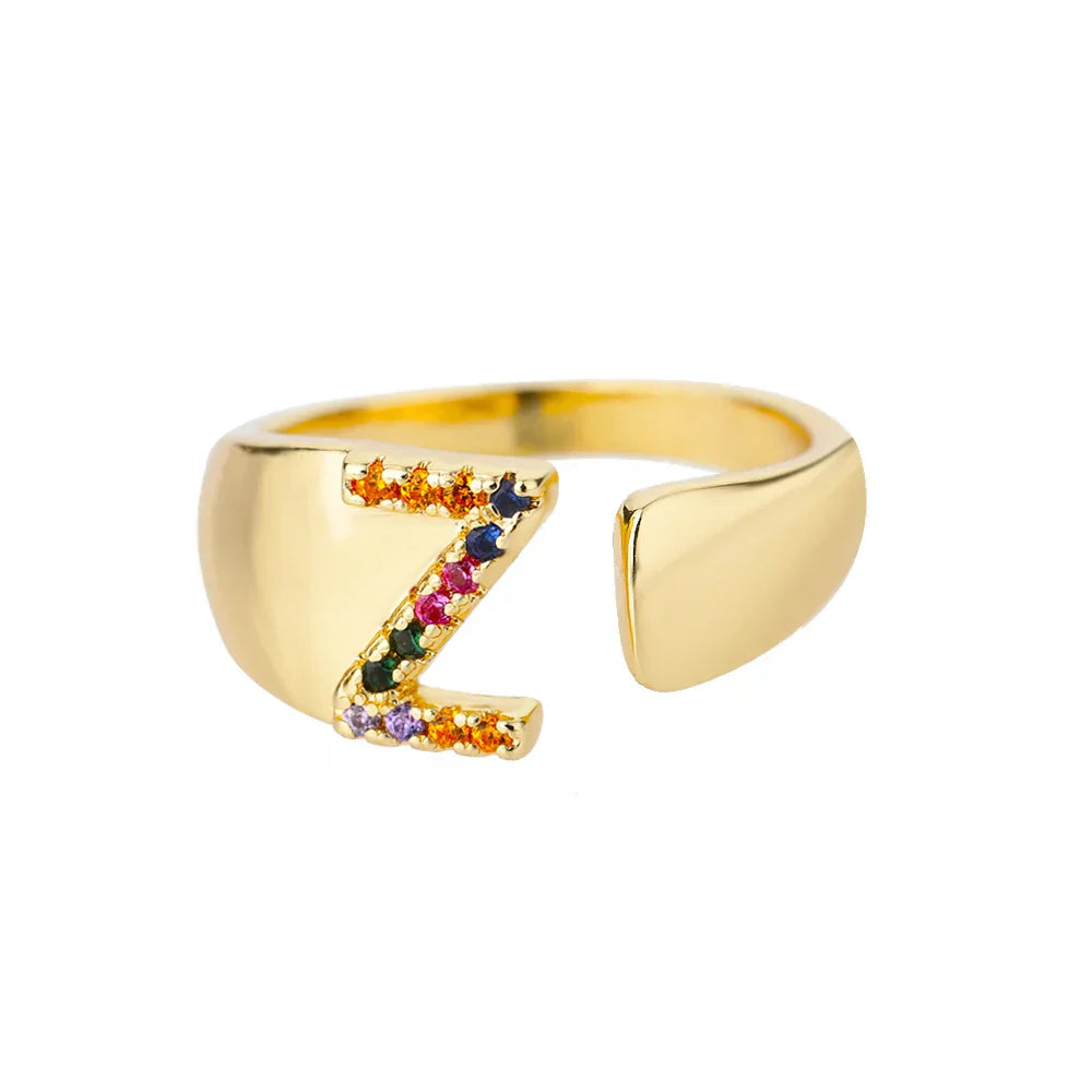 Wide Personalized Rainbow Initial Ring z