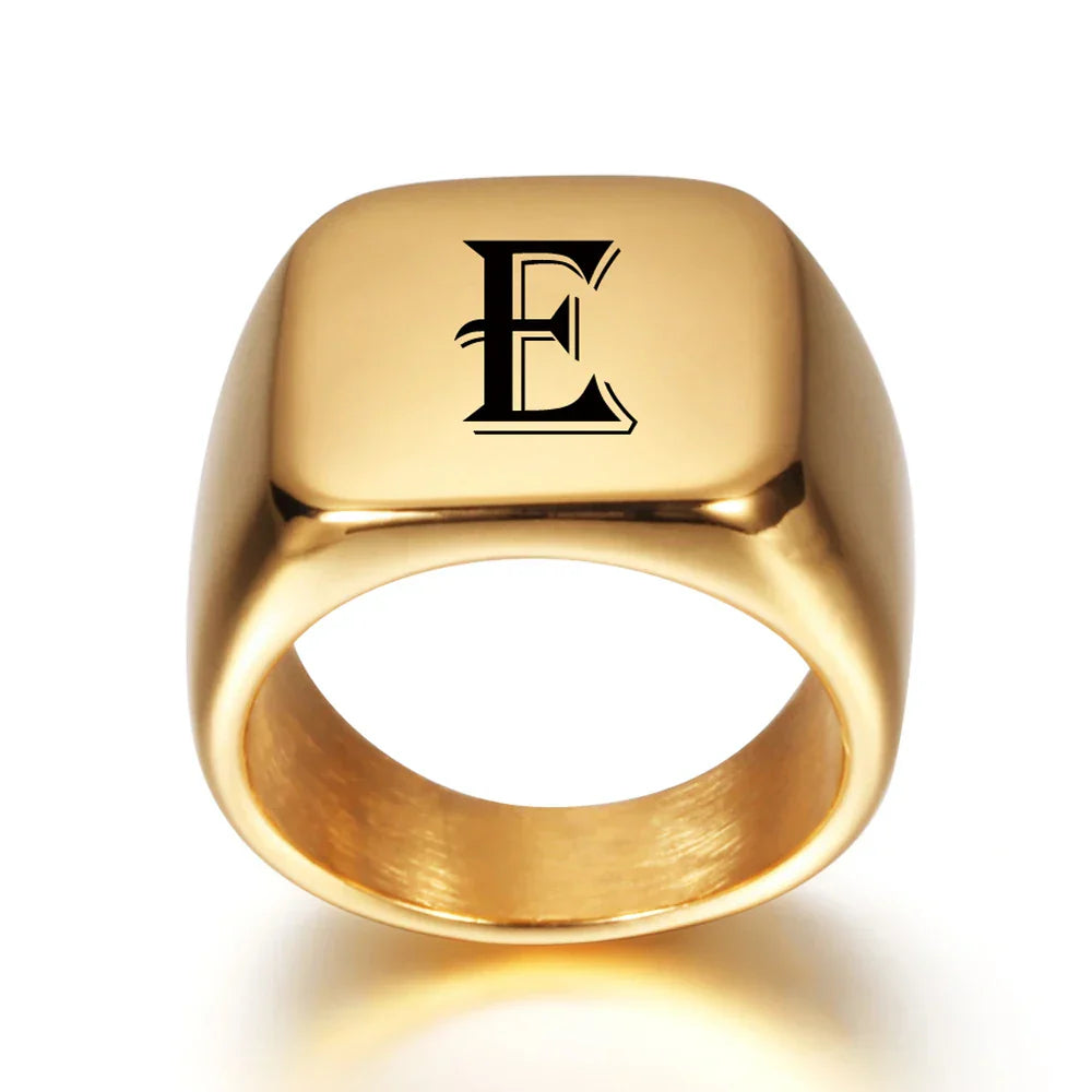 Large personalized men's ring with initial e