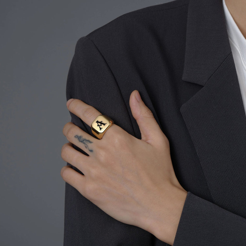 Large personalized men's ring with initial a