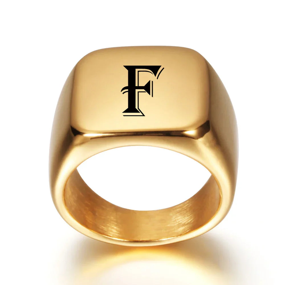 Large personalized men's ring with initial f