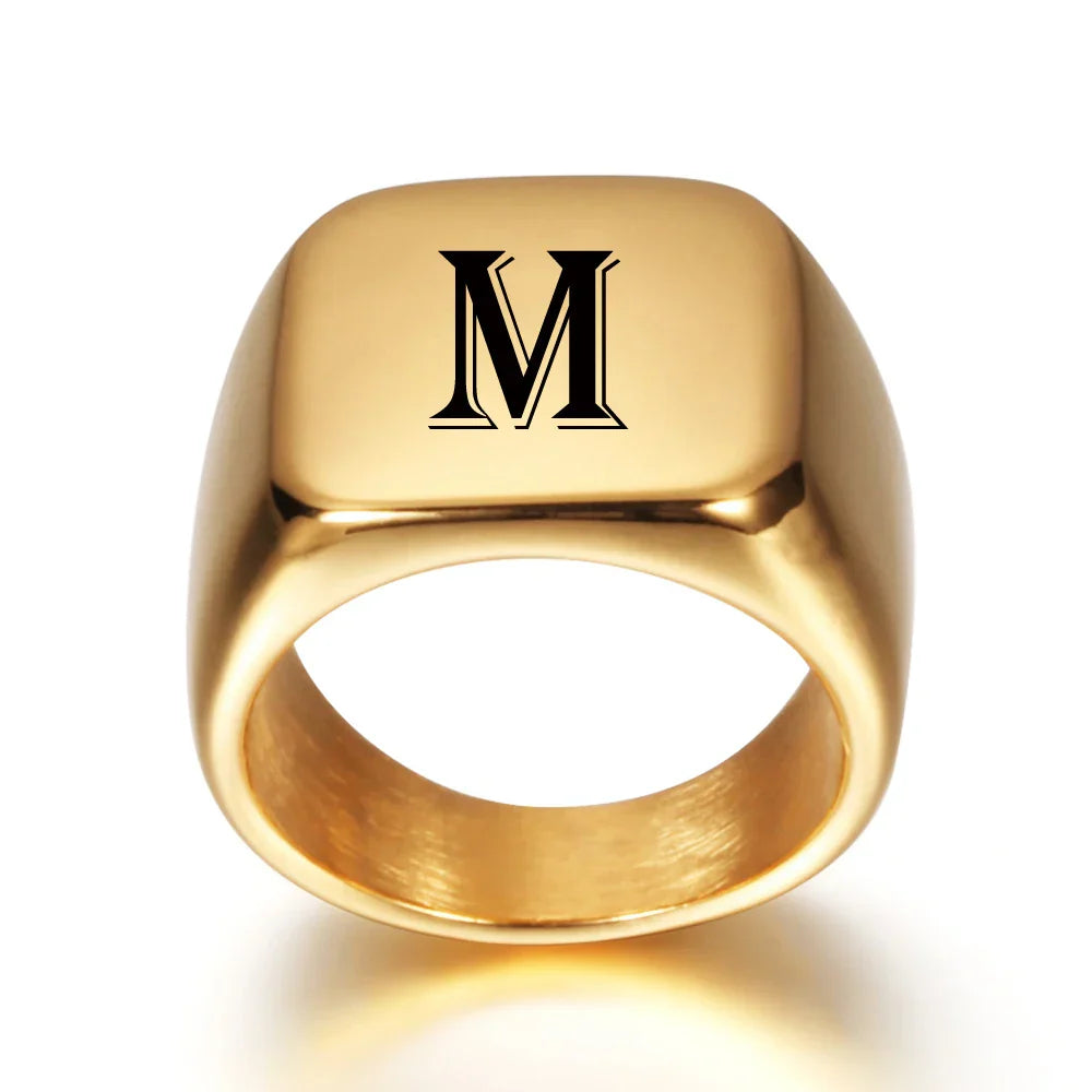 Large personalized men's ring with initial m