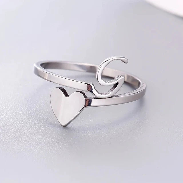 Silver Heart Initial Ring G