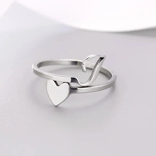 Silver Heart Initial Ring I
