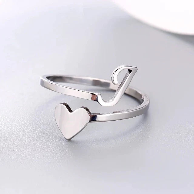 Silver Heart Initial Ring J