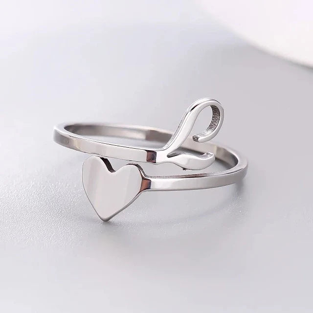 Silver Heart Initial Ring L